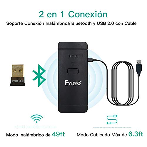 Eyoyo 1D 2D QR Escáner de Código de Barras Inalámbrico, Compatible con Bluetooth y Conexión por Cable, CCD PDF417 Data Matrix Bar Code Reader para el para Pagos Móviles