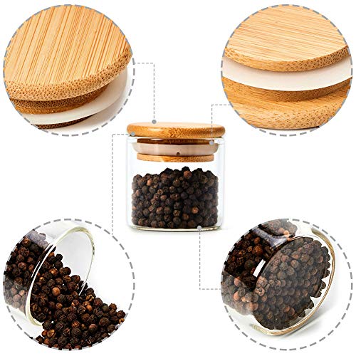 EZOWare 10 Pcs Tarros de Vidrio, Extra Pequeños Frascos con Tapa Hermética de Madera Bambú y Etiquetas para Almacenaje y Conservar Alimentos, Especias, Uso en Cocina, Baño, Decorativo - 70ml