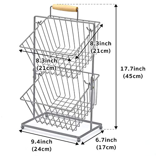 EZOWare Frutero de 2 Cestas, Organizador de Encimeras Metal Decorativo para Frutas, Verduras, Bocadillos, Artículos para el Hogar - Plata