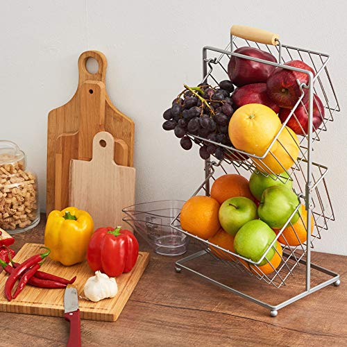 EZOWare Frutero de 2 Cestas, Organizador de Encimeras Metal Decorativo para Frutas, Verduras, Bocadillos, Artículos para el Hogar - Plata