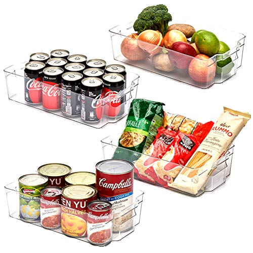 EZOWare Organizador de Cocina, Grande Cajas de Almacenaje Transparente Apilables con Asas para Uso Frigorifico, Nevera, Despensa, Armario, Estantes, Baño - 4 Pcs, 37 x 21.5 x 10 cm