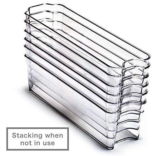 EZOWare Organizador de Cocina, Pequeños Cajas de Almacenaje Transparente Apilables con Asas para Uso Frigorifico, Nevera, Despensa, Armario, Estantes, Baño - 6 Pcs, 37 x 10 x 11 cm