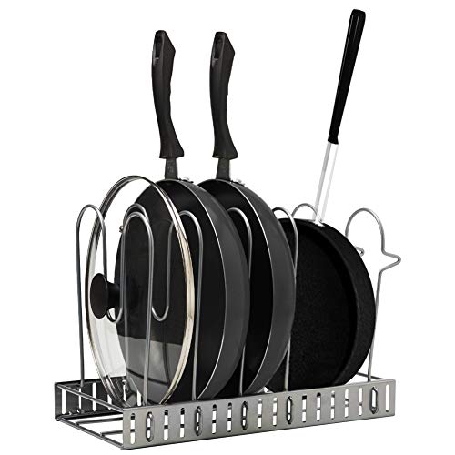 EZOWare Organizador para Ollas y Sartenes, 8 Estantes Rack Soporte Ajustable con 3 Métodos de Posicionamiento, Almacenamiento y Organización para Encimera o Armario de Cocina - Plateado