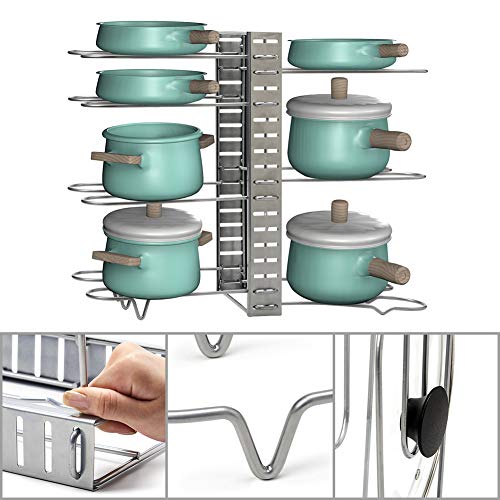 EZOWare Organizador para Ollas y Sartenes, 8 Estantes Rack Soporte Ajustable con 3 Métodos de Posicionamiento, Almacenamiento y Organización para Encimera o Armario de Cocina - Plateado