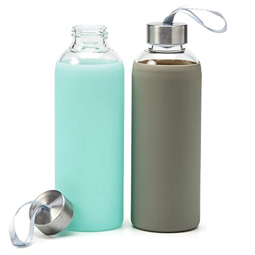 EZOWare Set de 2 Botella de Agua de Cristal, 550ml Sport Botella Reutilizable de Vidro Borosilicato con Funda Siliconia y Tapa de Acero Inoxidable - Verde Azulado/Gris