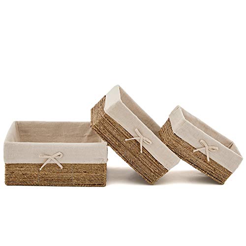 EZOWare Set de 3 Cestas de Almacenamiento de Mimbre de Natural Algas Marinas, Caja Organizadora Decorativo con Forro de Tela Extraíble Ideal para Baño, Cocina o Decoración del Hogar