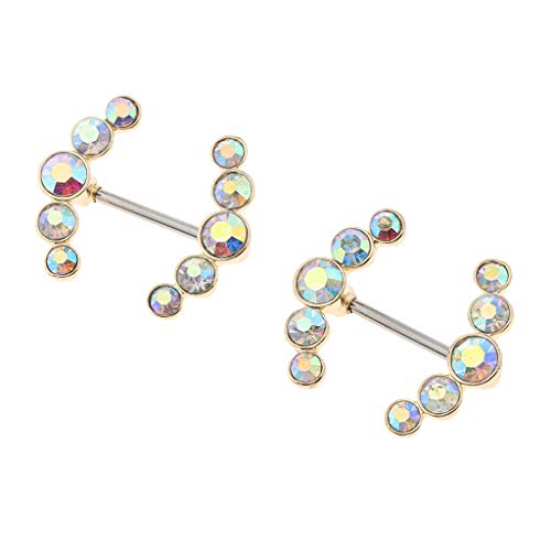 F Fityle 2 Unids Doble Flecha Forma Pezón Anillos Escudo Barbell Body Joyería Piercing Crystal Gem Bars 1.6mm - Oro