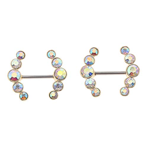 F Fityle 2 Unids Doble Flecha Forma Pezón Anillos Escudo Barbell Body Joyería Piercing Crystal Gem Bars 1.6mm - Oro