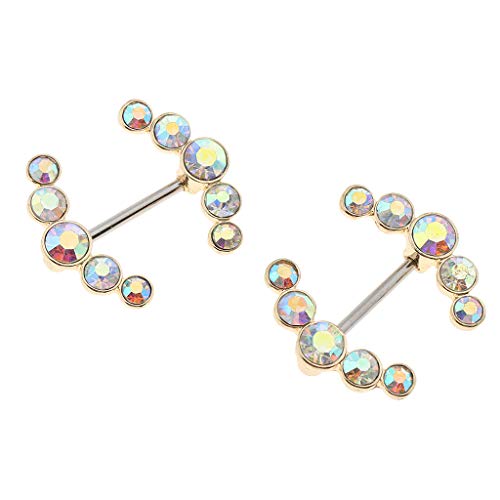 F Fityle 2 Unids Doble Flecha Forma Pezón Anillos Escudo Barbell Body Joyería Piercing Crystal Gem Bars 1.6mm - Oro