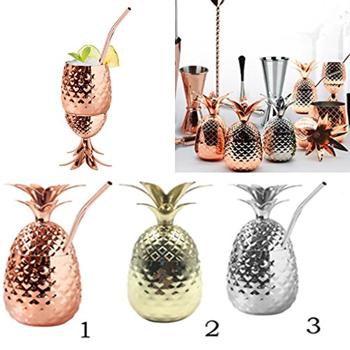 F Fityle Taza de Cóctel Copa de Piña Colada Vaso de Jugo Botella de Agua de Acero Inoxidable Diseño de Frutas Tropicales - Oro Rosa