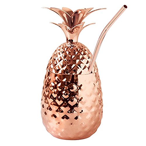 F Fityle Taza de Cóctel Copa de Piña Colada Vaso de Jugo Botella de Agua de Acero Inoxidable Diseño de Frutas Tropicales - Oro Rosa