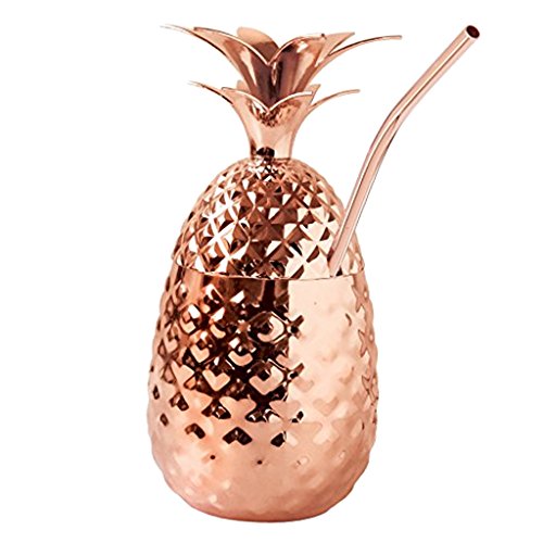 F Fityle Taza de Cóctel Copa de Piña Colada Vaso de Jugo Botella de Agua de Acero Inoxidable Diseño de Frutas Tropicales - Oro Rosa