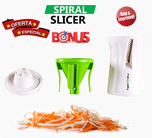 FabQuality Vendedor Premium Spiralizer Vegetal Veggetti Espiral Slicer COMPLETO BUNDLE x4 - Spiraliser Libro, Cortador de Vegetales, Libro espiral, Cepillo, Peeler, Verde