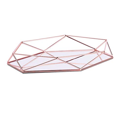 FABSELLER - Bandeja decorativa de metal con espejo ornamental, color rosa y dorado, bandeja de almacenamiento tridimensional de lujo, para escritorio hexagonal, estilo nórdico, estilo sencillo