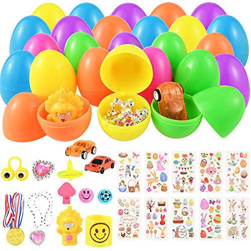 Fabur 12 PCS Huevos de Pascua con 12 PCS Mini Regalo de Juguete,Huevos de Plástico Precargados de Colores Brillantes con 80 PCS Pegatinas de Pascua