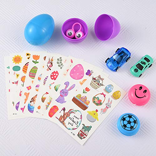 Fabur 12 PCS Huevos de Pascua con 12 PCS Mini Regalo de Juguete,Huevos de Plástico Precargados de Colores Brillantes con 80 PCS Pegatinas de Pascua