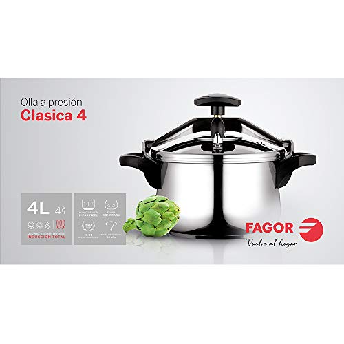 Fagor Clasica Olla a presión rápida, Acero Inoxidable 18/10, Apta para Todo Tipo de cocinas, INDUCCION Total. Fondo termodifusor IMPAKSTEEL máxima Resistencia, 3 Sistemas de Seguridad (4L)