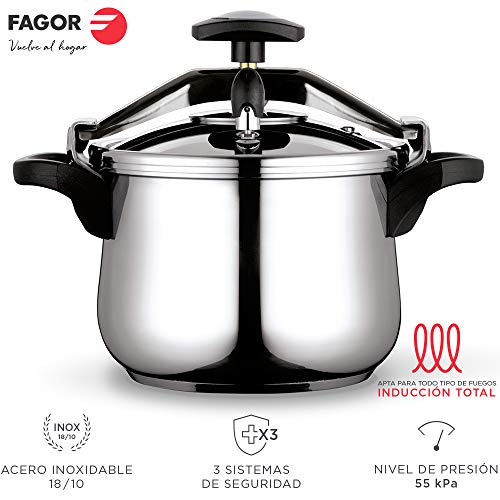 Fagor Clasica Olla a presión rápida, Acero Inoxidable 18/10, Apta para Todo Tipo de cocinas, INDUCCION Total. Fondo termodifusor IMPAKSTEEL máxima Resistencia, 3 Sistemas de Seguridad (4L)