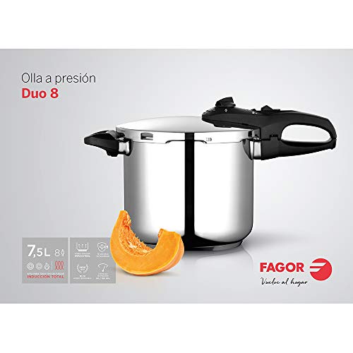 Fagor Duo Olla a presión Super rápida, Acero Inoxidable, Todo Tipo de cocinas, INDUCCION Total. Fondo termodifusor IMPAKSTEEL Muy Resistente, 5 Sistemas de Seguridad, 2 Niveles de presión (7,5 L)