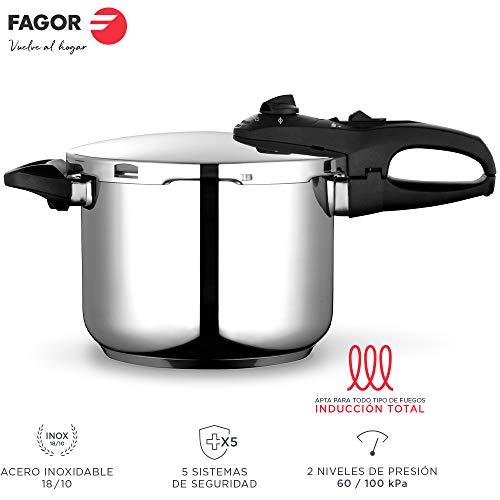 Fagor Duo Olla a presión Super rápida, Acero Inoxidable, Todo Tipo de cocinas, INDUCCION Total. Fondo termodifusor IMPAKSTEEL Muy Resistente, 5 Sistemas de Seguridad, 2 Niveles de presión (7,5 L)