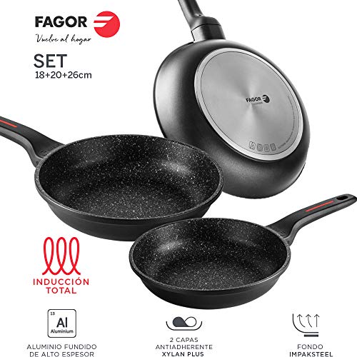 Fagor SARTEN ALUTHERM. Sartén Antiadherente Doble Capa, Aluminio Fundido de Alto Espesor, Compatible con Toda Clase Cocina, inducción, Fondo difusor IMPAKSTEEL. Apta lavavajillas (SARTÉN, 18+20+26)