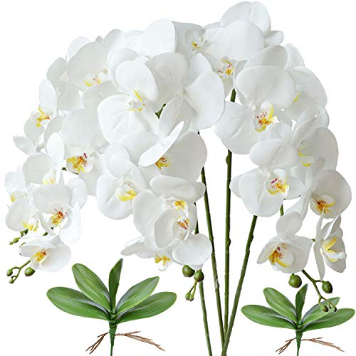 FagusHome 32 Pulgadas de Flores Artificiales de Phalaenopsis 4 Piezas con 2 Paquetes de Hojas de Flores de orquídeas Artificiales Plantas de Tallo para la decoración del hogar (Blanco)