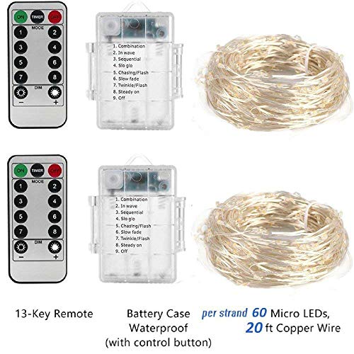 Fairy String Lights, 2 Set de 60 luces LED de hada de cobre impermeables con mando a distancia, 8 modos de luz decorativa para el hogar, dormitorio, Navidad, centro de mesa, fiesta, boda (blanco)