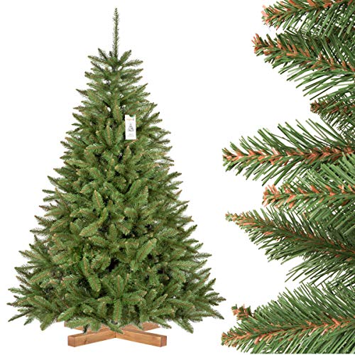 FairyTrees Árbol de Navidad Artificial, Pícea Natural, Tronco Verde, PVC, Soporte de Madera, 180cm, FT01-180