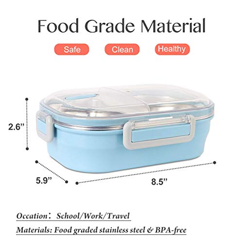 Fambrera Infantil, Lunch Box, 650ml Fambrera Acero Inoxidable con 2 Compartimentos Sellados, Contenedor para Niños o Adultos (Azul)