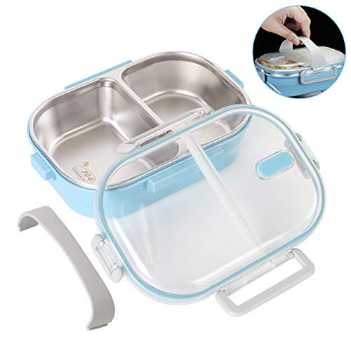 Fambrera Infantil, Lunch Box, 650ml Fambrera Acero Inoxidable con 2 Compartimentos Sellados, Contenedor para Niños o Adultos (Azul)