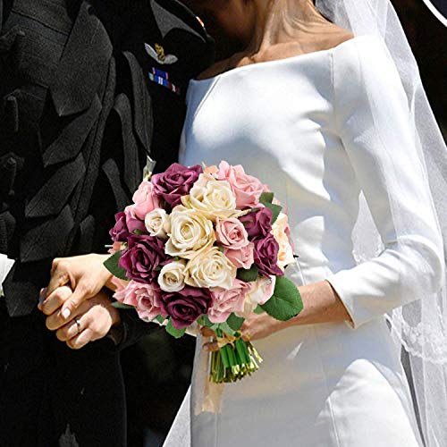 Famibay Flores Artificiales Rosas de Seda 2 Piezas de Rosas Ramo de Novia para Centro de Mesa Decoración