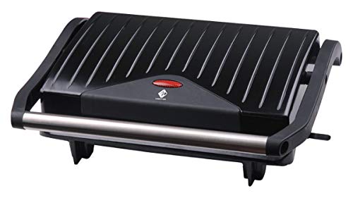 Family Care Parrilla Eléctrica, Revestimiento Antiadherente de fácil limpieza, 750 W, Asas efecto toque frío, acabado de acero inoxidable y plástico, Gran superficie de cocción 23cm*14,5cm