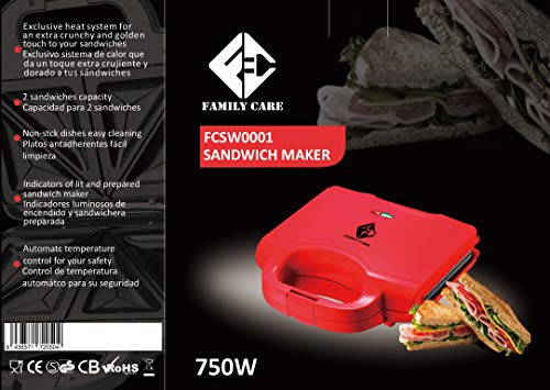 Family Care Sandwichera eléctrica, Revestimiento Antiadherente, Capacidad 2 Sandwiches, color rojo, 750 W