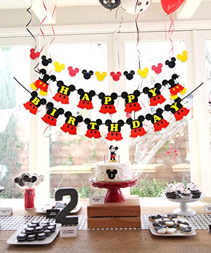 Fangleland Mickey y Minnie Party Decorations Fiesta de cumpleaños de Mickey Mouse con Globos Rojos, Negros y Negros Guirnalda Feliz cumpleaños para niños Cumpleaños de Chicas Baby Shower