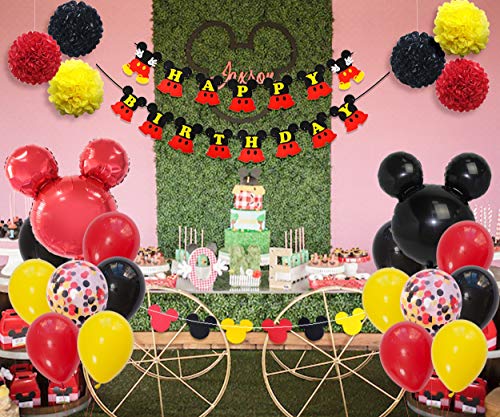 Fangleland Mickey y Minnie Party Decorations Fiesta de cumpleaños de Mickey Mouse con Globos Rojos, Negros y Negros Guirnalda Feliz cumpleaños para niños Cumpleaños de Chicas Baby Shower