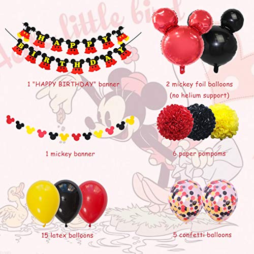 Fangleland Mickey y Minnie Party Decorations Fiesta de cumpleaños de Mickey Mouse con Globos Rojos, Negros y Negros Guirnalda Feliz cumpleaños para niños Cumpleaños de Chicas Baby Shower