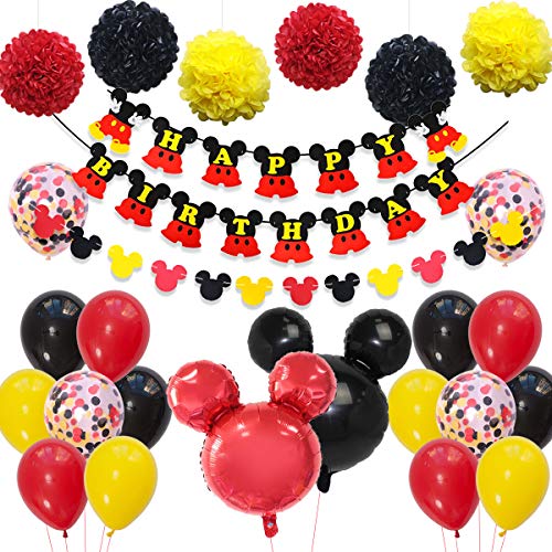 Fangleland Mickey y Minnie Party Decorations Fiesta de cumpleaños de Mickey Mouse con Globos Rojos, Negros y Negros Guirnalda Feliz cumpleaños para niños Cumpleaños de Chicas Baby Shower