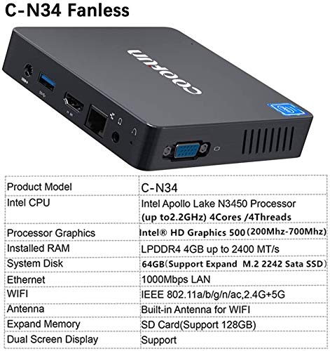 Fanless Mini PC 4GB LPDDR4/ 64GB eMMC Windows 10 Pro Quad Core Intel Celeron N3450 Processor HDMI/VGA Port 2242 SSD BT 4.2,3X USB 3.0,Auto Power on,Linux