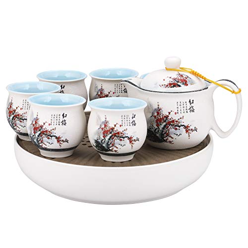 fanquare 8 Piezas Kung Fu Juego de Té de Cerámica con Glaseado Nieve Blanca, Tetera de Porcelana de Ciruela Roja, Servicio de Té con Bandeja