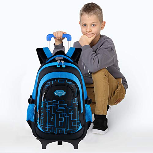 Fanspack Mochilas Escolares con Ruedas, Mochilas Escolares con Ruedas Niños Mochilas Escolares Trolley Mochila Escolar Niño (Azul + 6 Rondas)