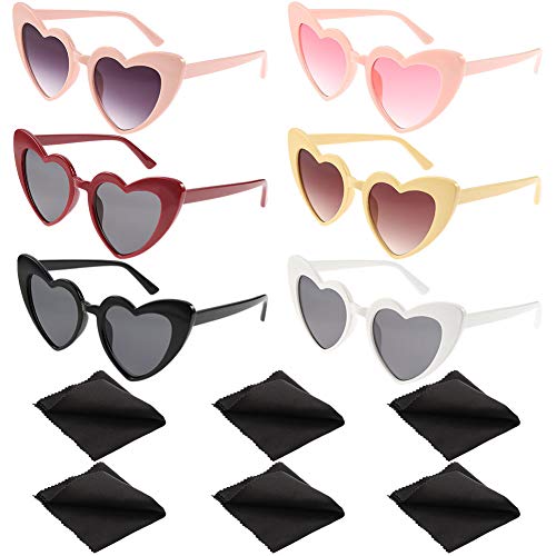 FANTESI 6 Piezas Gafas de Sol con Forma de Corazón, Gafas Vintage Clout Gafas de Sol Estilo Cat Eye Mod Gafas Kurt Cobain con 6 Piezas de Paño de Limpieza