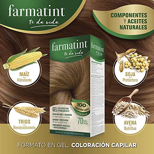 Farmatint Gel 7D Rubio Dorado | Color natural y duradero | Componentes vegetales y aceites naturales | Sin amoníaco | Sin Parabenos | Dermatológicamente testado