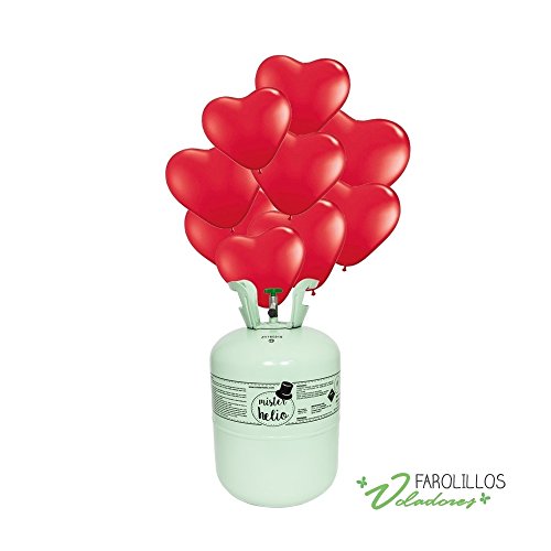 FAROLILLOS VOLADORES Bombona de Helio Desechable Mister Helio + 30 Globos de Corazones Rojos Latex. La Botella de Helio más molona