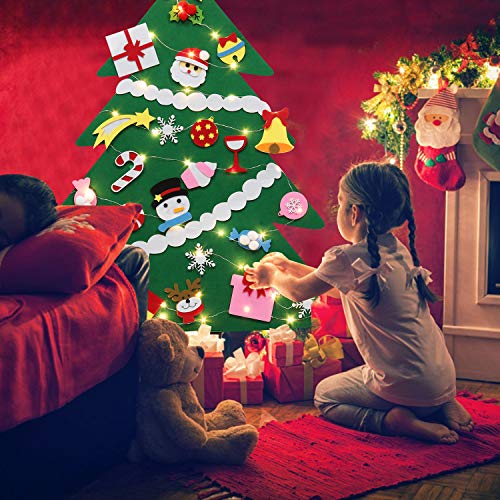 Fascigirl Árbol de Navidad de Fieltro, 39 Inch DIY Navidad Decoración los Ornamentos Desmontables 28pcs y Cadena de Luces Regalos Colgantes de Navidad de la Pared para Niños