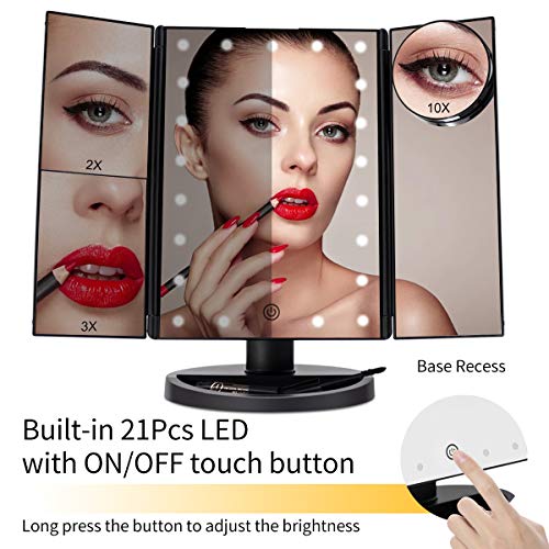 FASCINATE Espejo Maquillaje con Luz, Espejo de Mesa Tríptica Espejo con Aumentos 10x, 3X, 2X, 1x Iluminacíon 21 Led Pantalla táctil Lámparas Rotación de 180° Espejo Cosmético Carga con USB o Batería