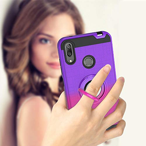 FAWUMAN Funda para Huawei Y7 Pro (2019) Soft TPU + Duro PC Doble Parachoques Cubierta con a Anillo Soporte，Diseño Antideslizante de Red de Pesca 3D（Púrpura-Rosa roja）