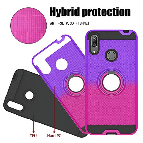 FAWUMAN Funda para Huawei Y7 Pro (2019) Soft TPU + Duro PC Doble Parachoques Cubierta con a Anillo Soporte，Diseño Antideslizante de Red de Pesca 3D（Púrpura-Rosa roja）