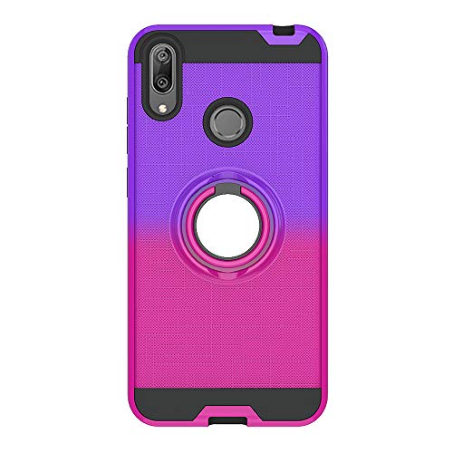 FAWUMAN Funda para Huawei Y7 Pro (2019) Soft TPU + Duro PC Doble Parachoques Cubierta con a Anillo Soporte，Diseño Antideslizante de Red de Pesca 3D（Púrpura-Rosa roja）