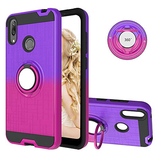 FAWUMAN Funda para Huawei Y7 Pro (2019) Soft TPU + Duro PC Doble Parachoques Cubierta con a Anillo Soporte，Diseño Antideslizante de Red de Pesca 3D（Púrpura-Rosa roja）