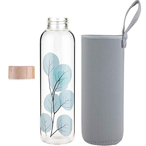 FCSDETAIL Botella de Agua de Cristal sin BPA, Botella de Agua de Vidrio de Borosilicato con Funda de Neopreno y Tapa de Bambú 420ml / 660ml / 1000ml